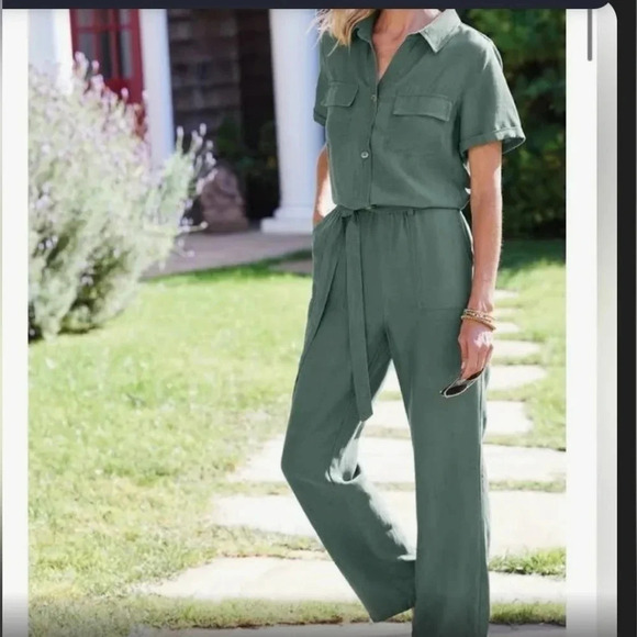 Soft Surroundings Getaway Linen Blend Jumpsuit NWT Sz 16 Casual Minimalist - Picture 1 of 12